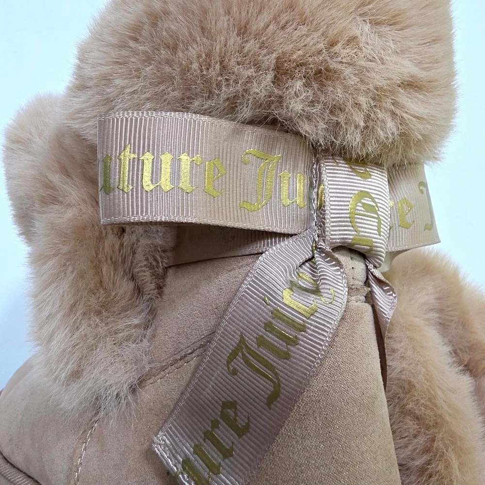 Juicy Couture King Boots Womens 9.5 Tan Faux Fur Bow Back Winter Ankle Booties